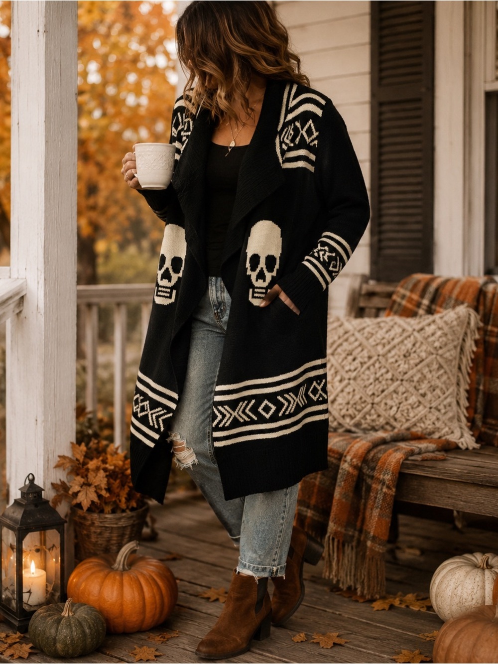 Hot & Delicious Skull Cardigan Sweater Black Ivory Open Front Goth Boho M/L Fall